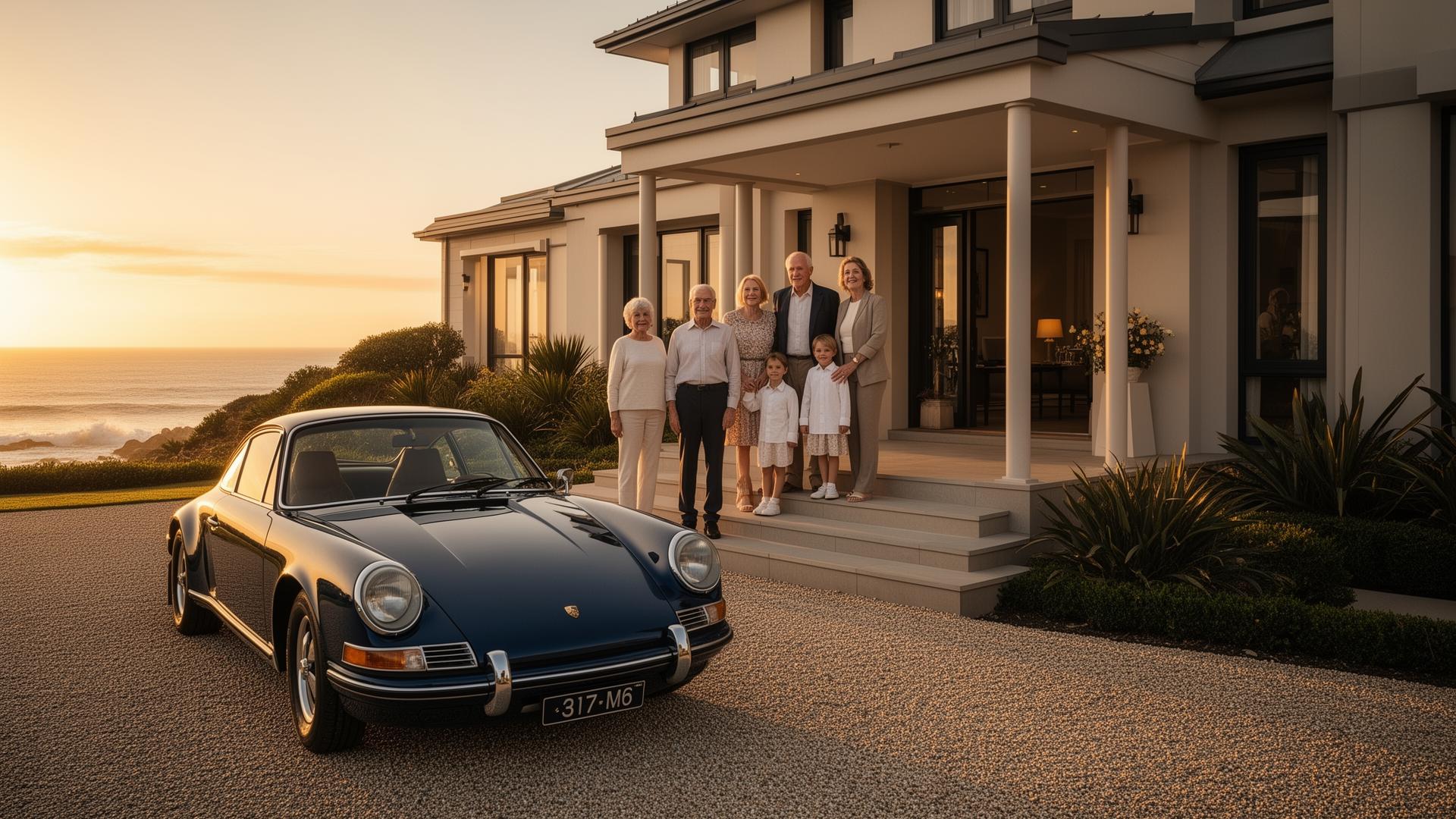A multigenerational Australian family beside a classic Porsche at their coastal home